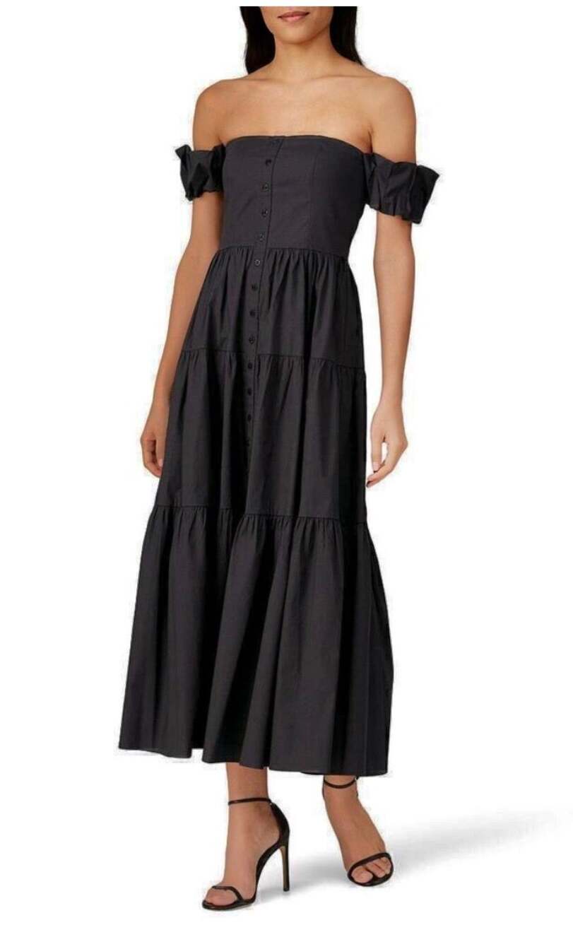 Staud Elio Dress Off The Shoulder Tiered Midi Faded Black Cotton WOMENS 6